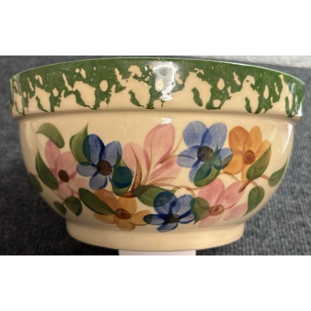 Alpine Pottery Roseville Ohio Large 8 ½” Bowl Green Check Spongeware Floral
